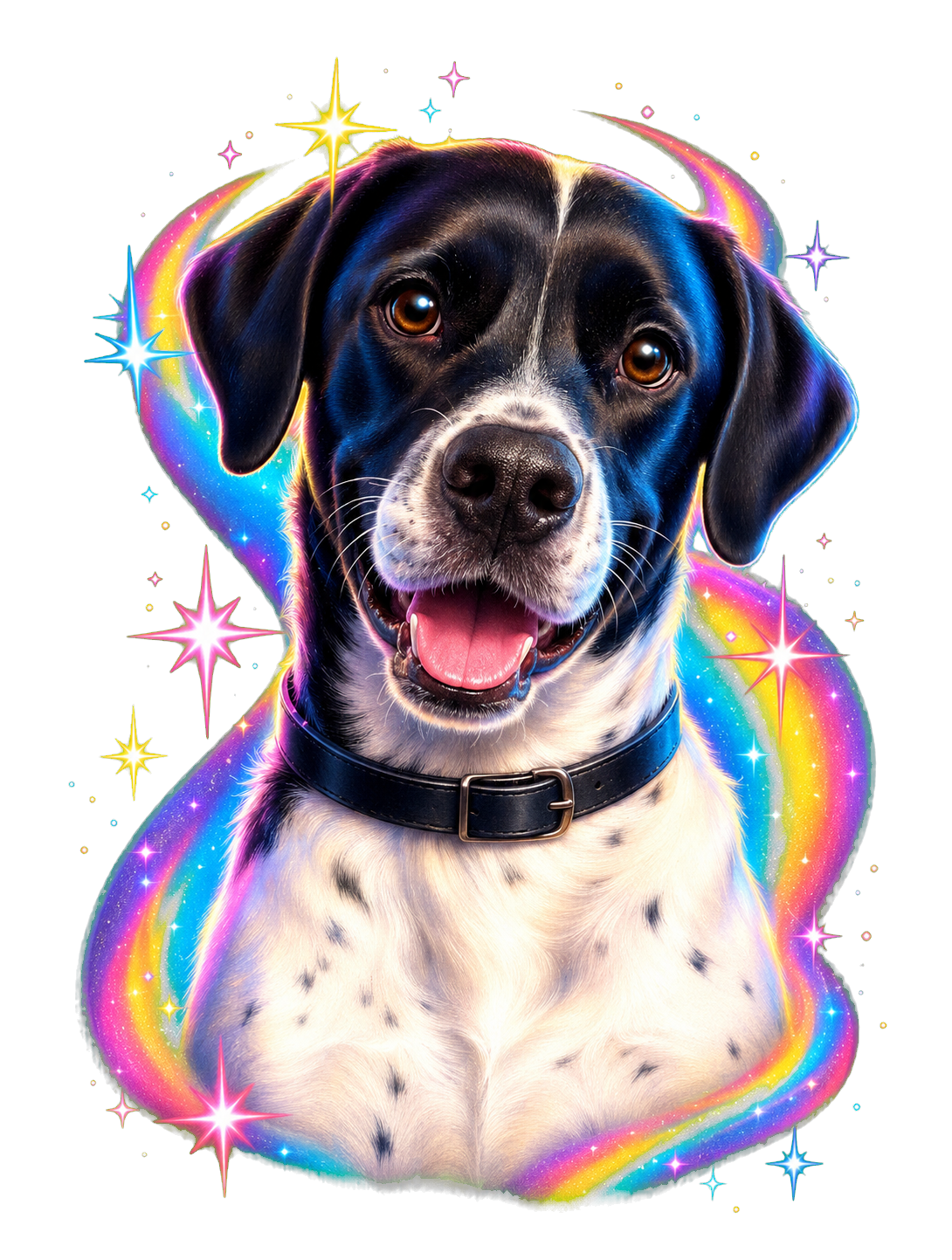 Happy black-and-white dog in a colorful rainbow-fantasy style